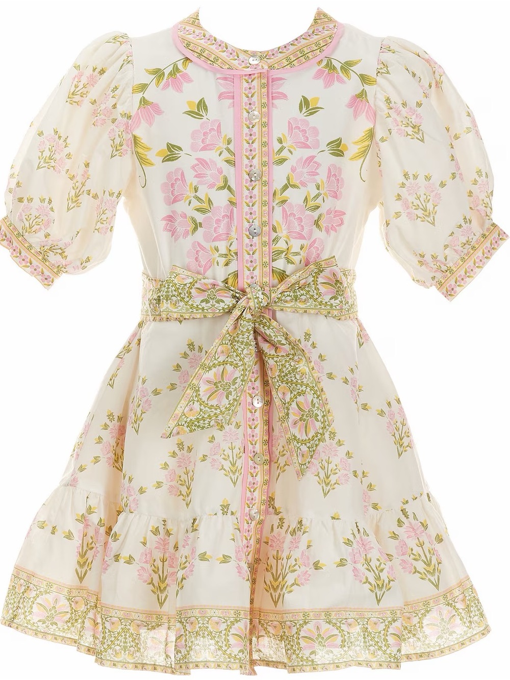 A Loves A Little Girls' Cream and Pink Floral Bubble Sleeves Formal Dress